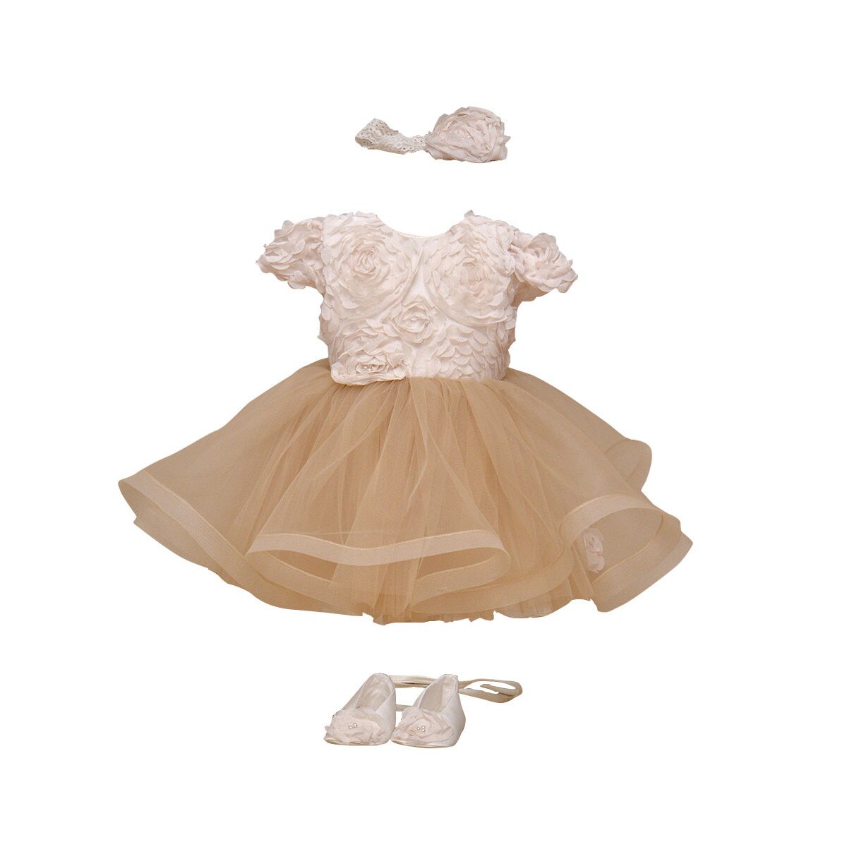 Set rochita de ocazie, botosei si bentita, Couture Bebe, Esme, crem, 3 luni