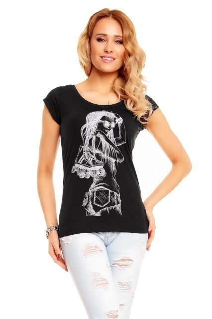 Tricou dama, negru cu portret, Negru