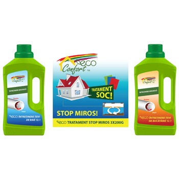 Pachet STOP MIROS Eco Confort /-/ 1x Solutie biologica Stop miros 3 x 200gr, 1x Intretinere tevi baie 1L, 1x Intretinere tevi bucatarie 1L Pachet STOP MIROS Eco Confort /-/ 1x Solutie biologica Stop miros 3 x 200gr, 1x Intretinere tevi baie 1L, 1x Intretinere tevi bucatarie 1L