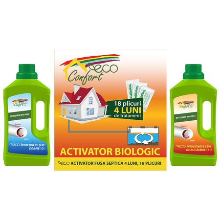 Pachet Eco Confort 1x Bioactivator Fosa Septica 4 Luni 18 Plicuri X 25g 1x Intretinere Tevi Baie 1l 1x Intretinere Tevi Bucatarie 1l Emag Ro