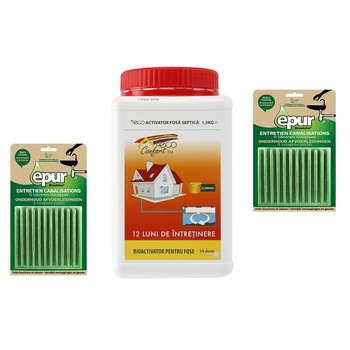 Pachet ECO CONFORT -1x Bioactivator fosa septica ECO CONFORT, 1,5kg, 2x Betisoare bio scurgere baie si bucatarie EPUR 12*2g Pachet ECO CONFORT -1x Bioactivator fosa septica ECO CONFORT, 1,5kg, 2x Betisoare bio scurgere baie si bucatarie EPUR 12*2g