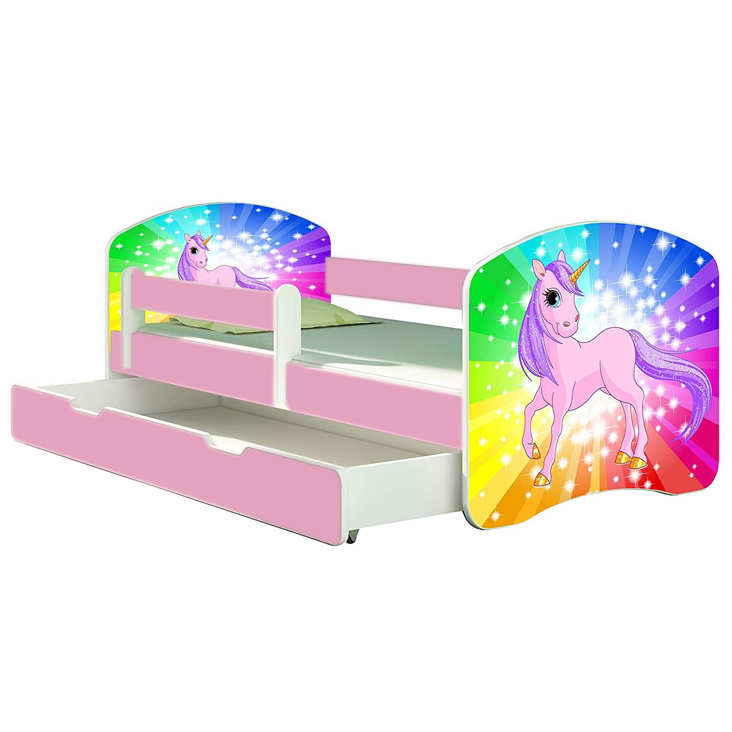 Patut copii MyKids Rainbow Unicorn cu sertar si saltea 140x70