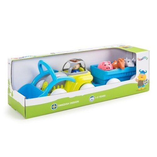 Tractor Viking Toys culori vesele cu remorca si animalute, 40 x 12 x 13 cm, plastic, +1 an, multicolor, MGC