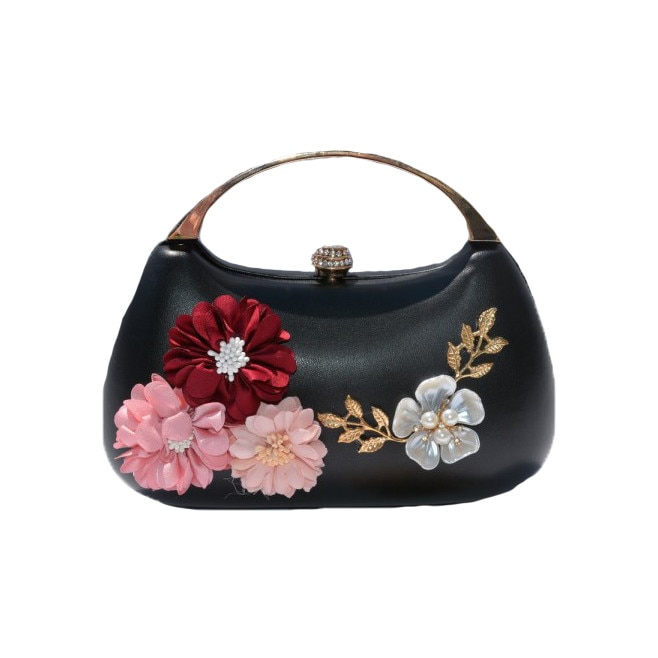 Poseta rafinata, eleganta, aplicatii flori 3D, D&J Exclussive, negru