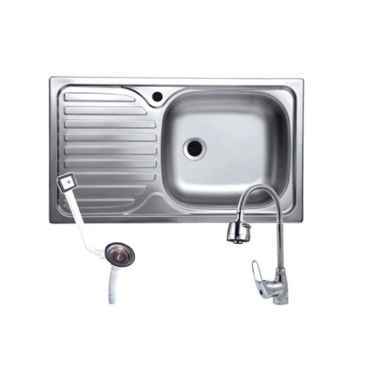 Munkalapos mosogató készlet plusz rugalmas hattyú csaptelep és szifon, rozsdamentes acél, jobb kád, Raulconstruct, 42x76 cm, vízkőmentes szigeteléssel, túlfolyó