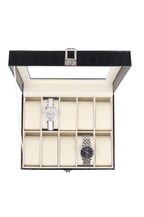 Cutie depozitare 10 ceasuri din piele ecologica neagra cu striatii (model croco)