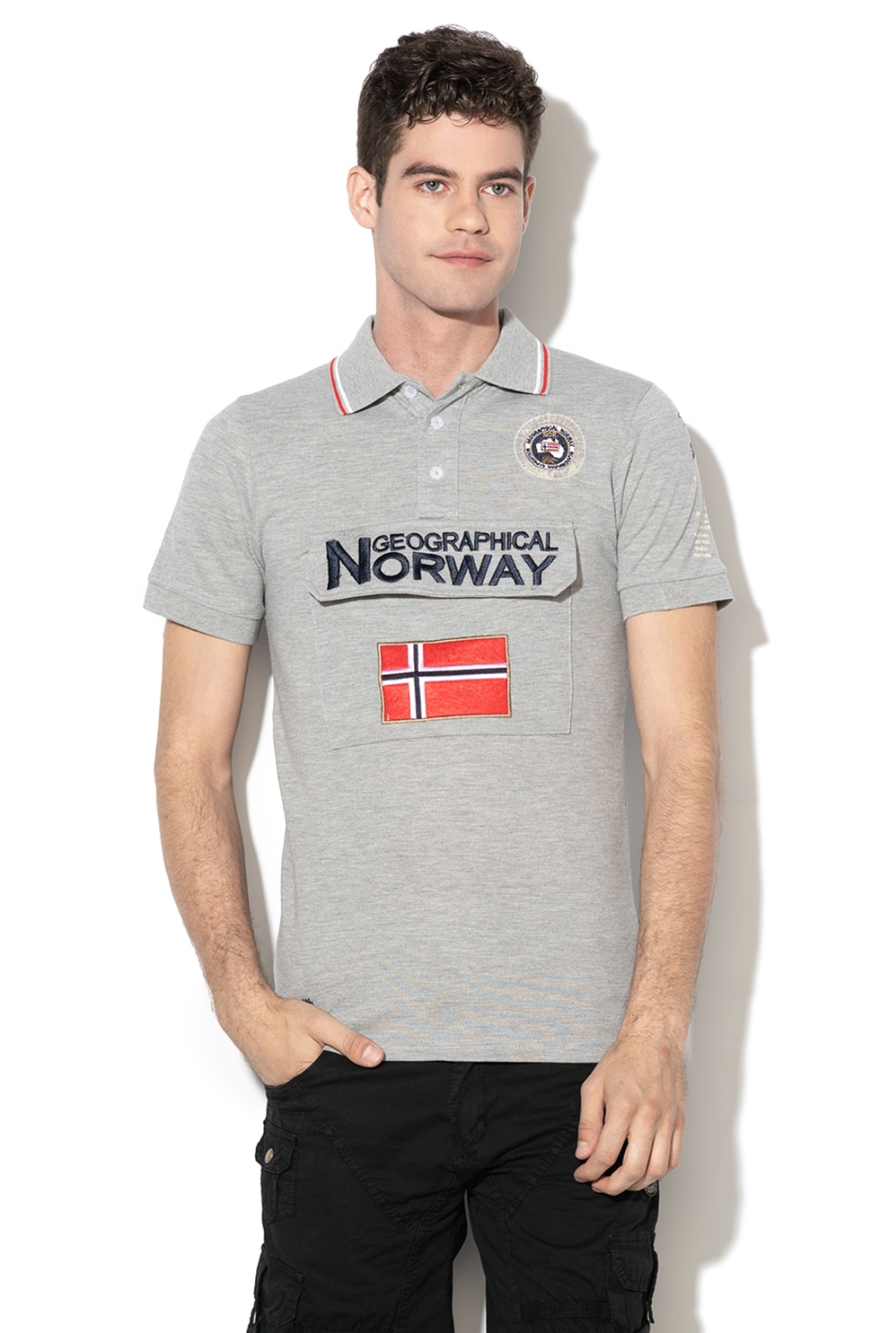 Geographical Norway, Tricou polo cu buzunar frontal cu clapa Kayfour, Gri melange