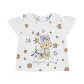 Tricou Mayoral cu maneca scurta si deschidere pe umeri pentru bebe fetita, Alb/Maro Tricou Mayoral cu maneca scurta si deschidere pe umeri pentru bebe fetita, Alb/Maro