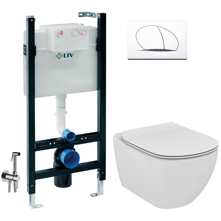 ALL IN ONE Incastrat - LIV + Ideal Standard Tesi Aquablade + Paffoni - Cu dus Igienic - Gata de montaj - Vas wc Suspendat Ideal Standard Tesi Aquablade + Capac softclose + Rezervor LIV