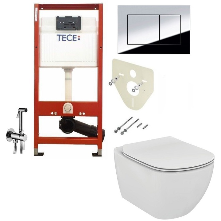 ALL IN ONE Incastrat - TECE + Ideal Standard Tesi Aquablade + Paffoni - Cu dus Igienic - Gata de montaj - Vas wc Suspendat Ideal Standard Tesi Aquablade + Capac softclose + Rezervor TECE