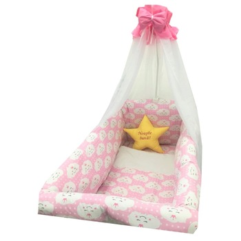 Lenjerie de patut bebelusi 9 piese pat 140x70 cm cu aparatori si baldachin Maxi Deseda Steluta Noapte buna roz Lenjerie de patut bebelusi 9 piese pat 140x70 cm cu aparatori si baldachin Maxi Deseda Steluta Noapte buna roz