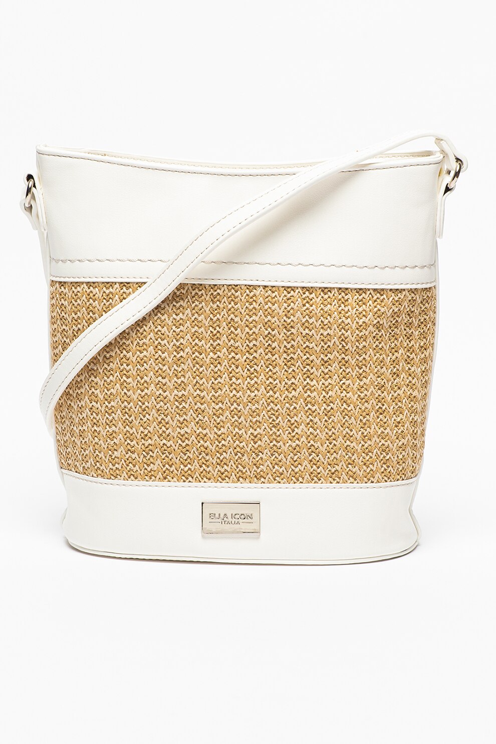 Ella Icon, Geanta de piele ecologica cu bareta Lana, Alb/Maro nisip