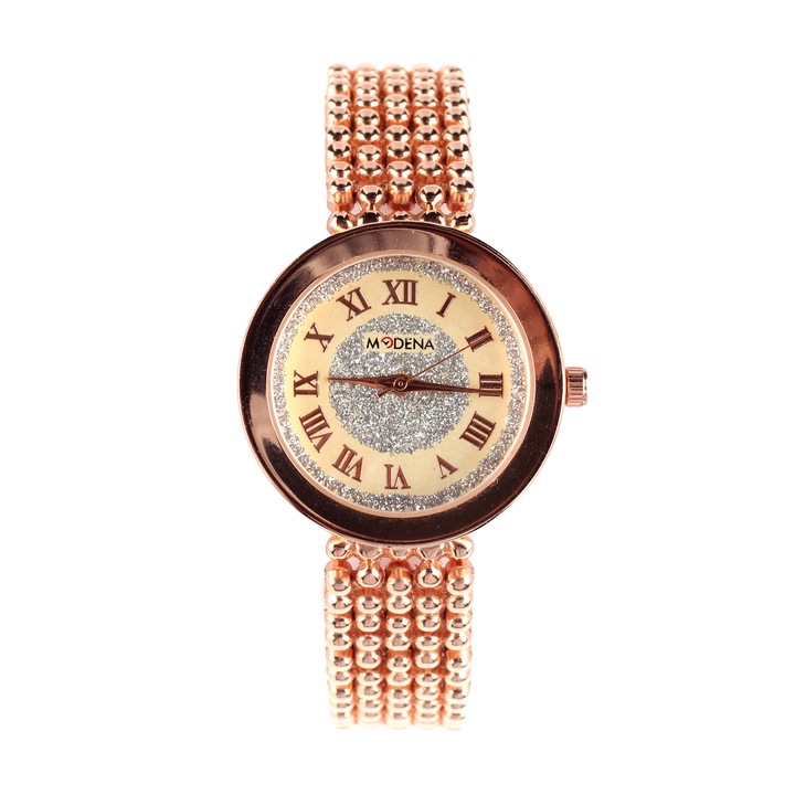 Дамски часовник Modena J303, Антиалергична бижутерийна сплав, златист с кристален прах