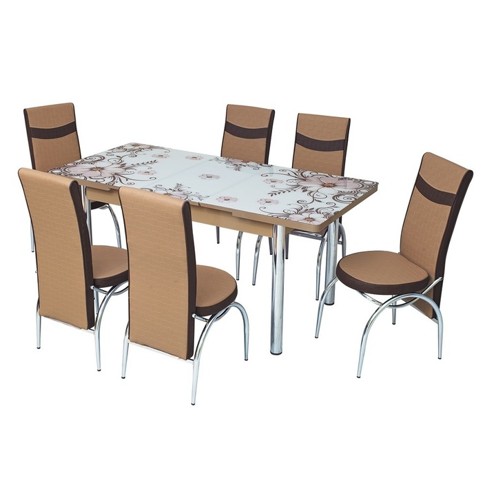 Set masa extensibila Dalia cu 6 scaune din piele ecologica, dreptunghiulara, blat din sticla securizata si PAL, picioare inox, crem/maro, 130x78x80 cm