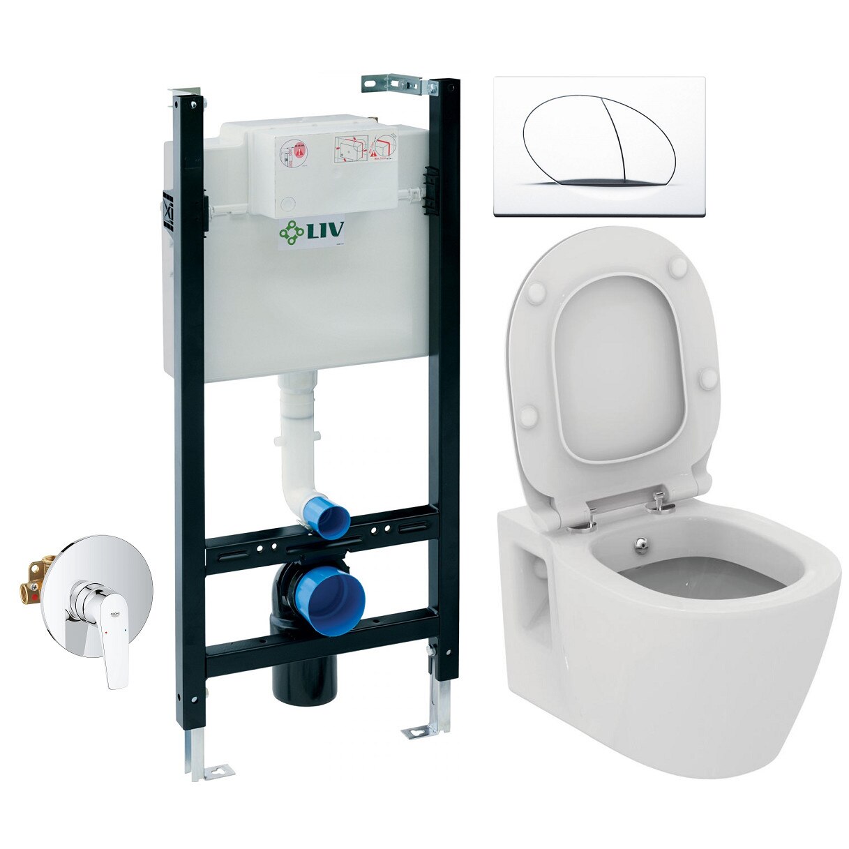 ALL IN ONE Incastrat - LIV + Grohe + Ideal Standard Connect - Cu functie bideu - Gata de montaj - Vas wc Suspendat Ideal Standard Connect cu functie de bideu + Capac softclose + Rezervor LIV + Baterie incastrata Grohe