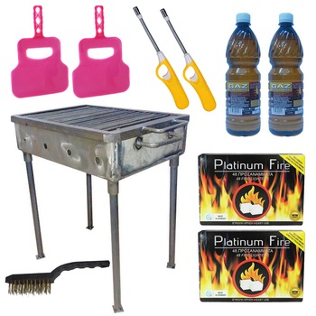 Pachet - Gratar gradina sau camping, Din tabla neagra, Portabil, 50x35cm + 2 x Evantai pentru gratar + 2 x Cutie pastile aprins focul + 2 x Gaz lampant, 800ml + 2 x Bricheta cu prelungitor flexibil + Perie sarma Pachet - Gratar gradina sau camping, Din tabla neagra, Portabil, 50x35cm + 2 x Evantai pentru gratar + 2 x Cutie pastile aprins focul + 2 x Gaz lampant, 800ml + 2 x Bricheta cu prelungitor flexibil + Perie sarma
