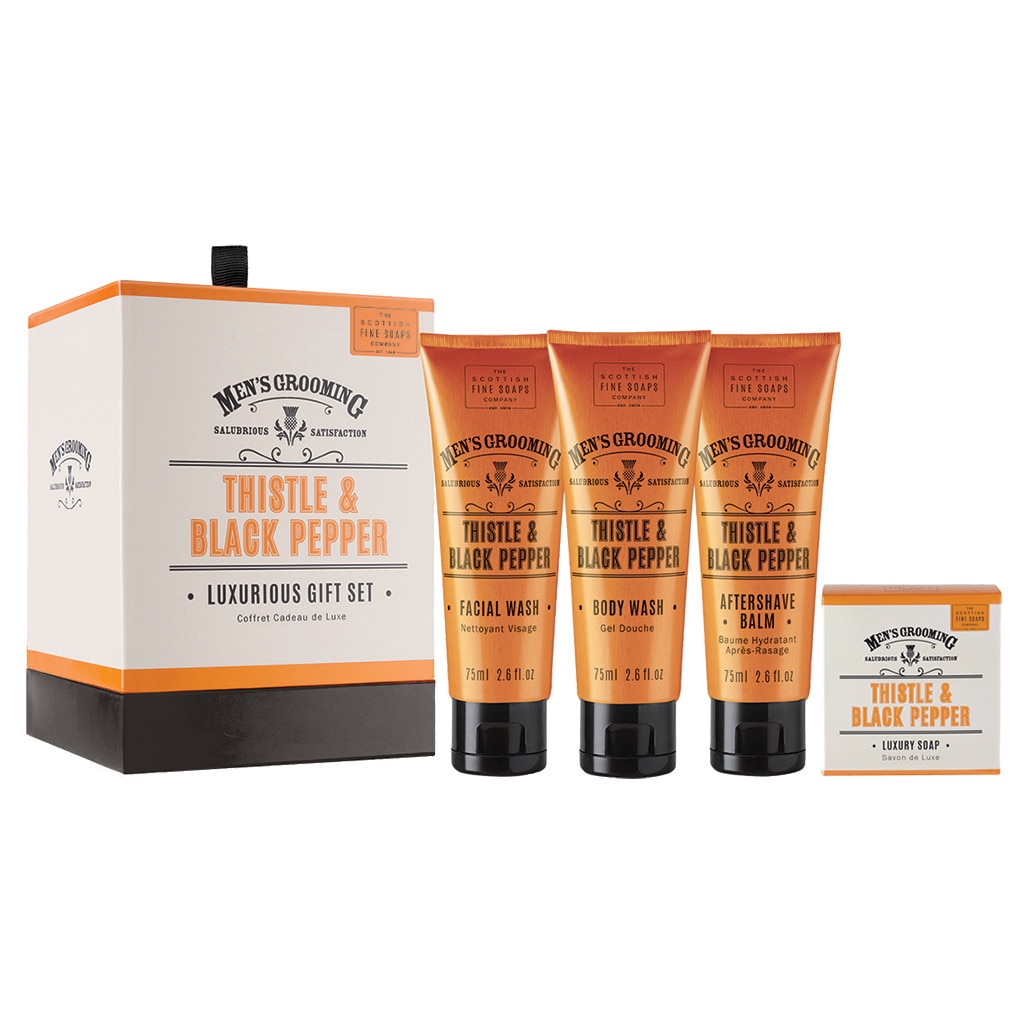 Set cadou Ingrijire barba si ten THISTLE & BLACK PEPPER, Scottish Fine Soaps, Barbatesc, Aftershave balsam 75 ml, Gel de dus 75 ml, Gel facial 75 ml, Sapun de lux 40 g, Fara parabeni, Barbati, After Shave