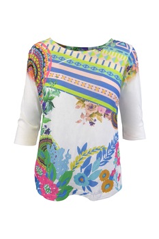 Bluza dama UNIVERS FASHION, alba cu imprimeu multicolor geometric si flori, maneca trei sferturi, M-L Bluza dama UNIVERS FASHION, alba cu imprimeu multicolor geometric si flori, maneca trei sferturi, M-L