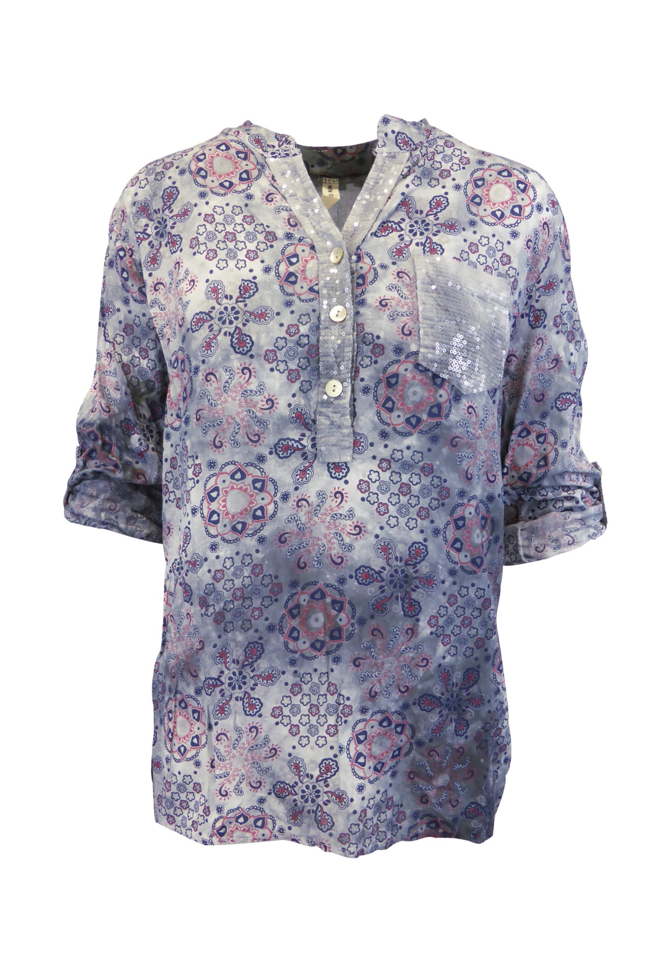 Bluza dama UNIVERS FASHION, albastru cu imprimeu etnic multicolor, L-XL