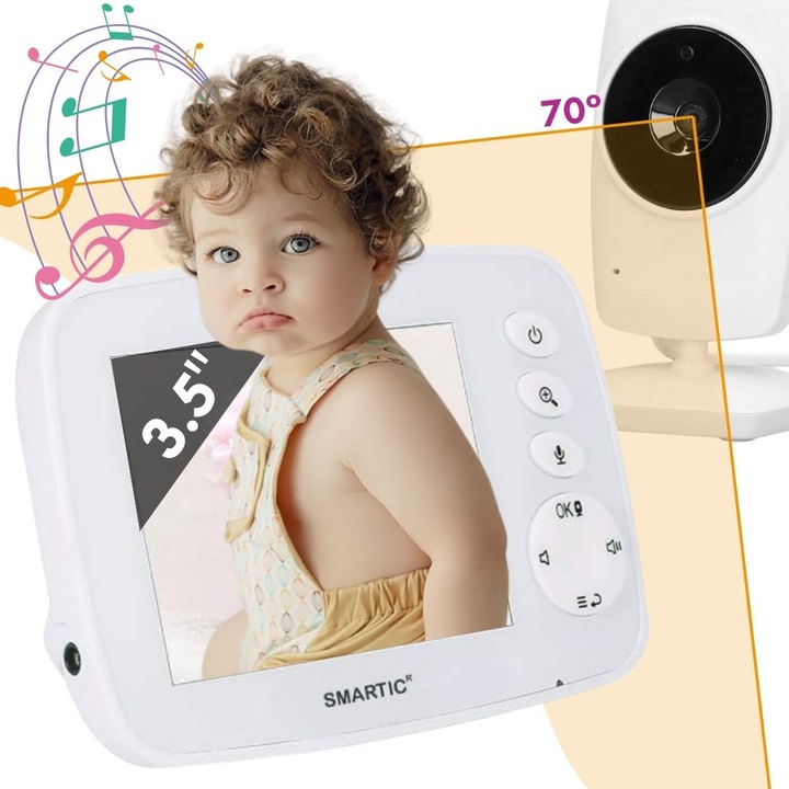 Baby monitor Wifi Smartic™ SM32, 3.2" HD, AI NightVision HD, Scan View 355°/120°, Senzor Temperatura/Umiditate, Bidirectional, VOX, Detectie nocturna Inteligenta, 8 Cantece, Alerte/Alarma, Zoom X