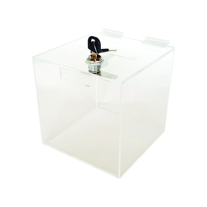 Urna din plexiglas cub 150 mm, cutie pentru donatii, colectare de fonduri sau tombole