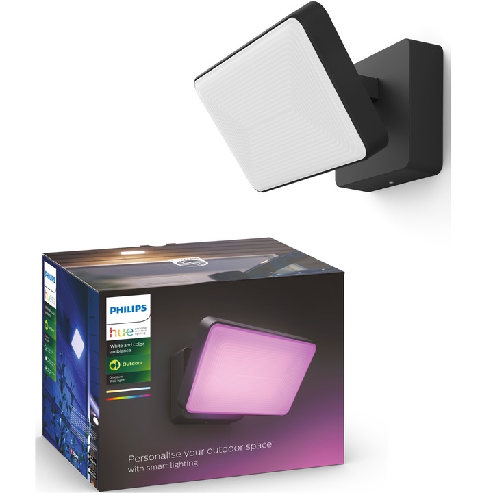Proiector LED RGBW integrat Philips Discover HUE, control inteligent cu Hue Bridge, 2x15W, 2300 lm, lumina alba/color, IP44, Negru, clasa energetica G