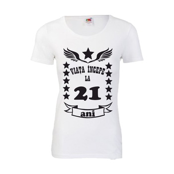 Tricou dama personalizat Fruit of the loom, alb, Viata incepe la 21 ani M Tricou dama personalizat Fruit of the loom, alb, Viata incepe la 21 ani M