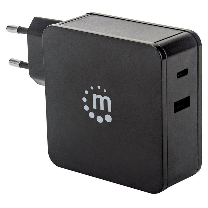 Manhattan hálózati töltő, USB-C 3.0, 60W (5-20V), USB-A 5V 2.4A, fekete