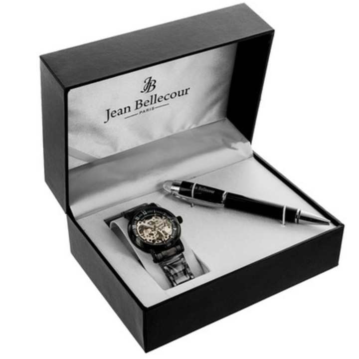 Комплект луксозен мъжки часовник и бизнес ролер Jean Bellecour Paris REDH4-CS 15125419 2-32-146, черно и сребристо