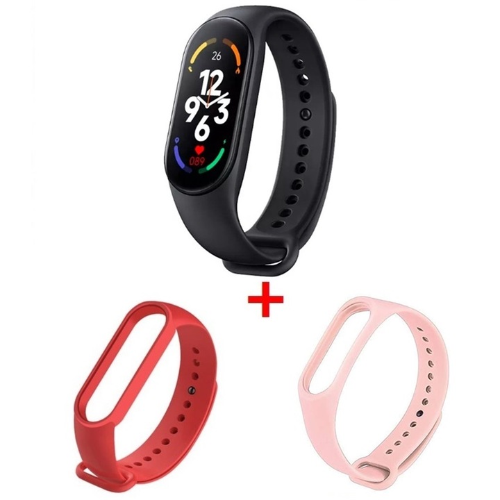 Спортна Смарт Фитнес Гривна 1Tech M7, Пулс, Кръвно Налягане, Калории, Крачкомер, Bluetooth, SMS Нотификации, Черна + Подарък 2 бр. силиконови верижки