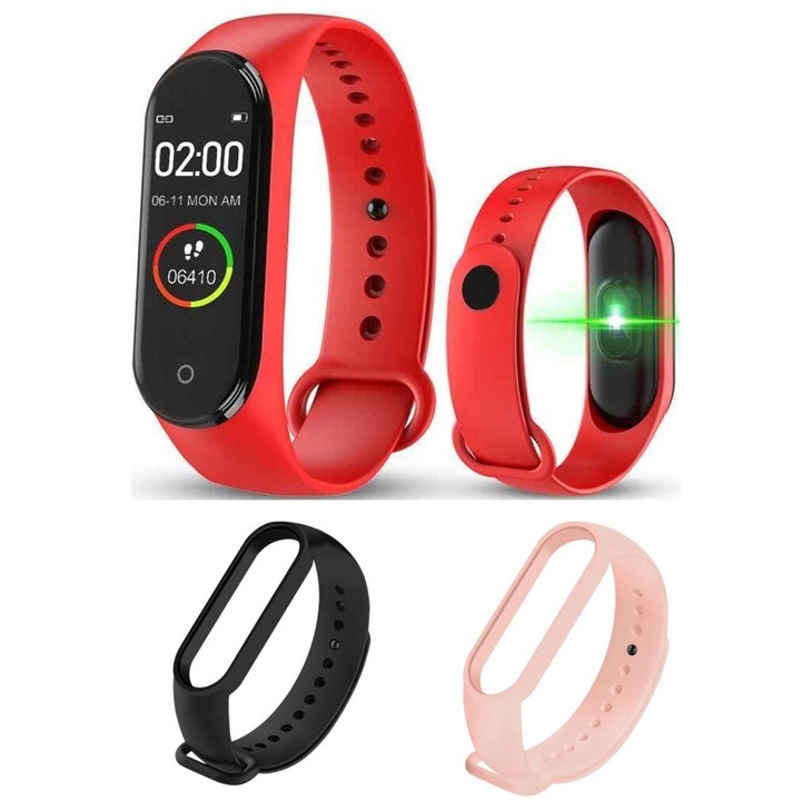 Спортна Смарт Фитнес Гривна 1Tech M4, Пулс, Кръвно Налягане, Калории, Крачкомер, Bluetooth, SMS Нотификации, Червена + Подарък 2 бр. силиконови верижки