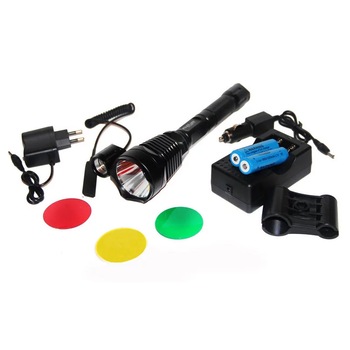 Lanterna Led pentru vanatoare, geam interschimbabil, lumina alba, rosie, verde, galbena, suport de arma inclus, incarcator priza si auto, negru Lanterna Led pentru vanatoare, geam interschimbabil, lumina alba, rosie, verde, galbena, suport de arma inclus, incarcator priza si auto, negru