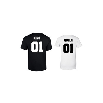 Set de 2 tricouri pentru cuplu negru/alb KING/QUEEN 01, marimea XL Set de 2 tricouri pentru cuplu negru/alb KING/QUEEN 01, marimea XL