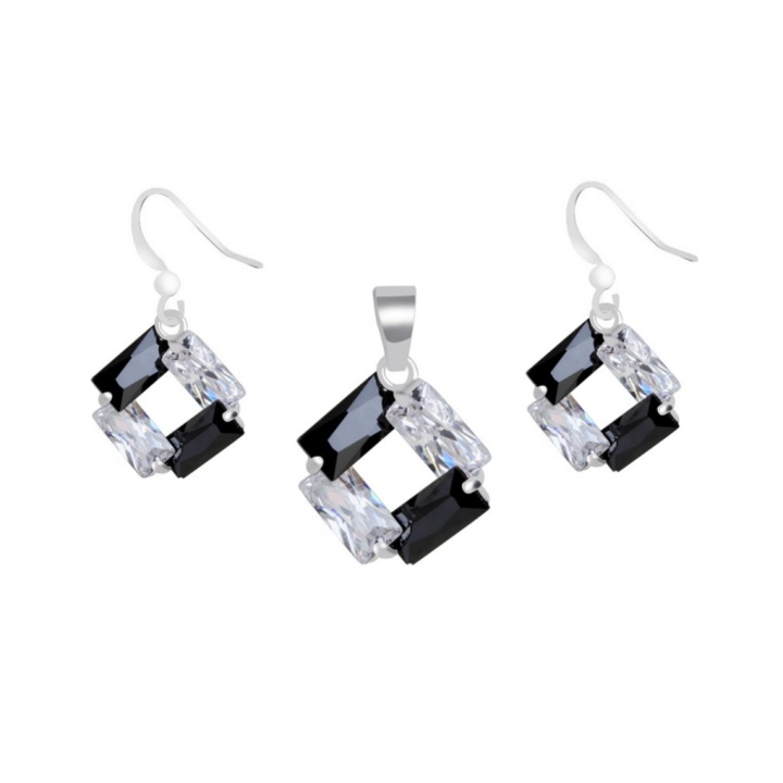 Ezüst ékszer szett, swarovski kristályokkal, fekete-fehér négyzet