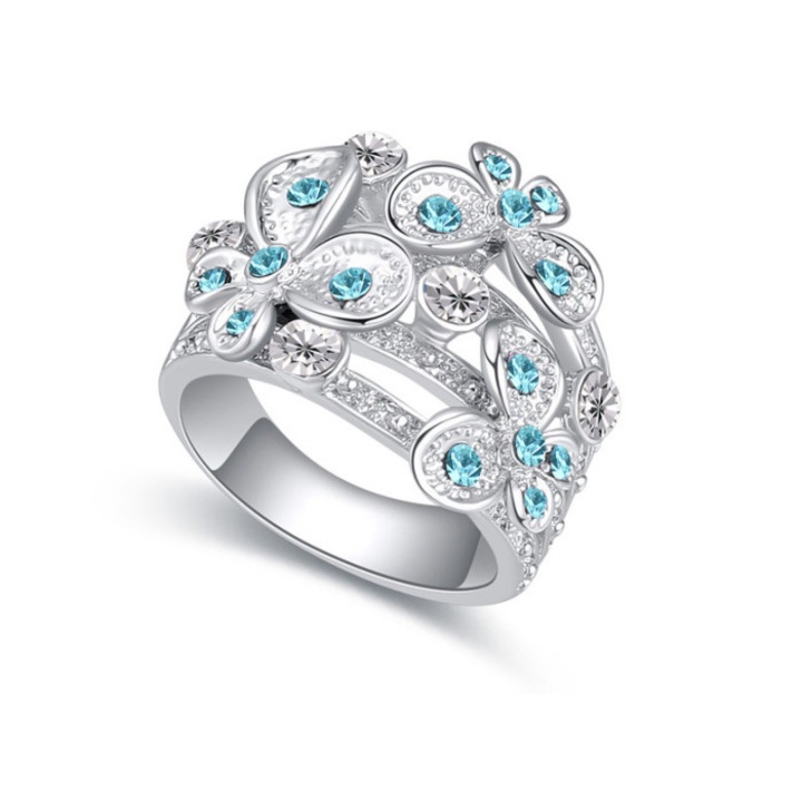 Ezüst gyűrű, pillangó égkék kristályokkal, 18 mm