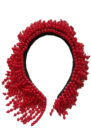 Vacant grip left Colier handmade asimetric, Red Noblesse, realizat din perle rosu somonat de  8 mm, cusute in cascada