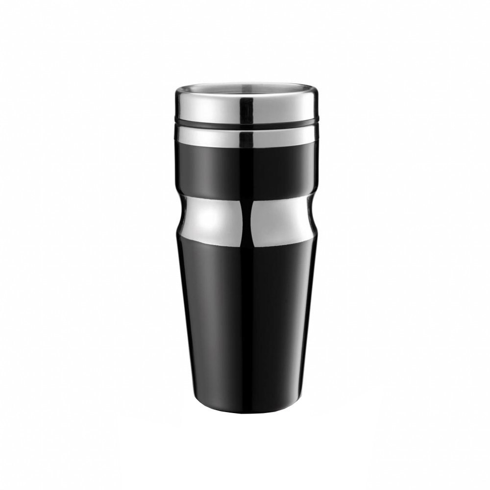 Cana de calatorie 350 ml, XD by AleXer, CR, otel inoxidabil, pp, negru, breloc inclus din piele ecologica si metal