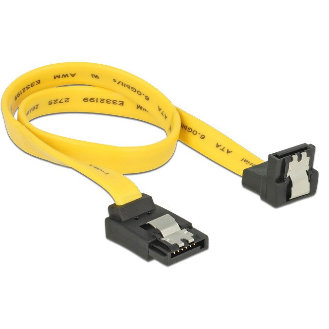 Cablu de conectare cu un conector in linie dreapta si unul inclinat in sus , Delock SATA 6 Gb/s tata > SATA tata , 0.5 m, galben