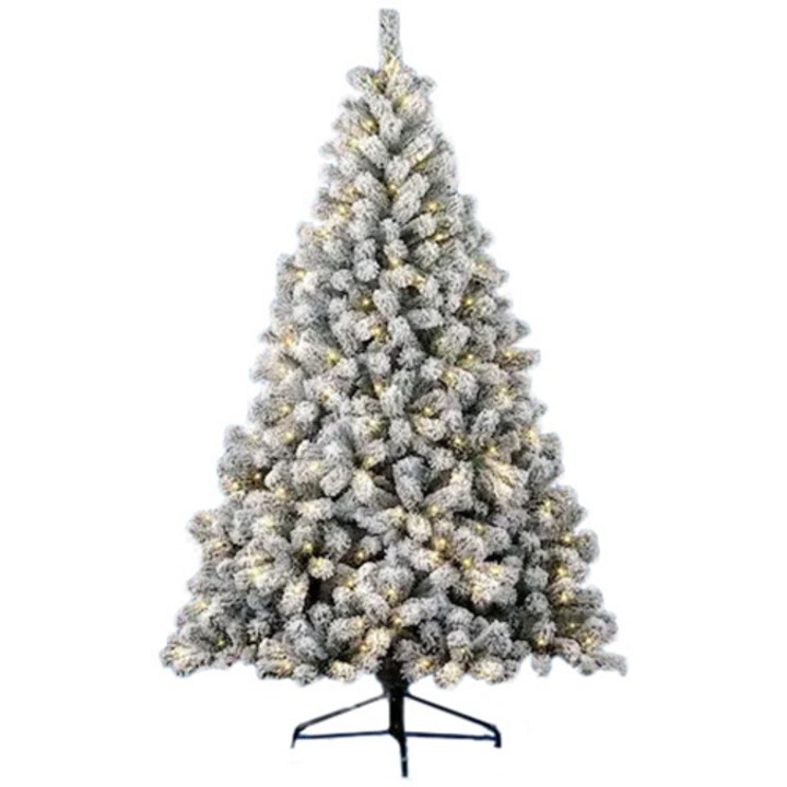 Brad artificial promo Kring Frosted, aspect nins, 350 LED-uri, lumina calda, suport metalic, 210 cm, Alb