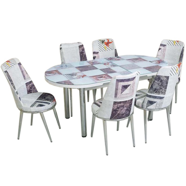 Set masa extensibila ovala + 6 scaune New Design Modella ,bej, 170x80x77 cm, blat sticla securizata, scaune material textil