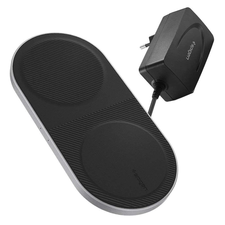 Безжично зарядно устройство Spigen F310w Duo Wireless Charger, Включено зарядно устройство, Black