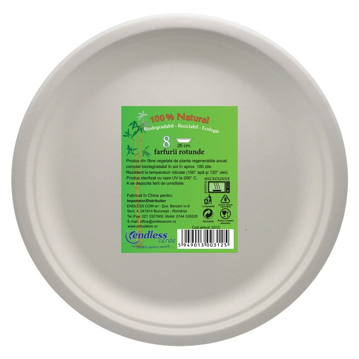 Set 8 farfurii rotunde 100% biodegradabile si compostabile, diametru 26 cm