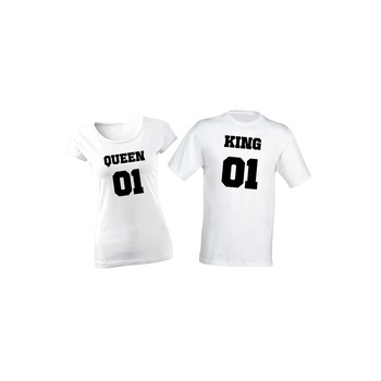 Set de 2 tricouri pentru cuplu alb KING/QUEEN 01, marimea XL Set de 2 tricouri pentru cuplu alb KING/QUEEN 01, marimea XL