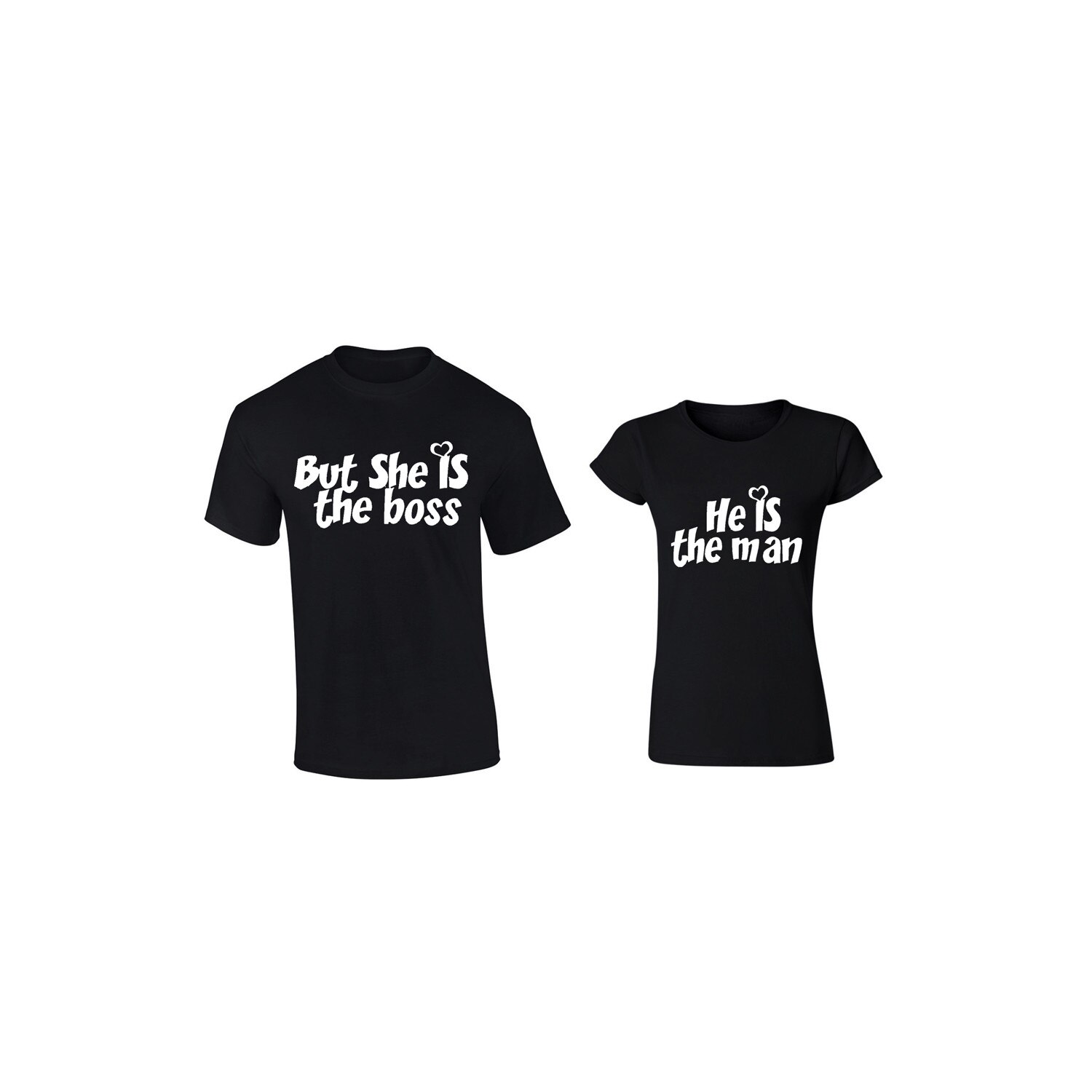 Set de 2 tricouri pentru cuplu negre But she is the boss, marimea XL