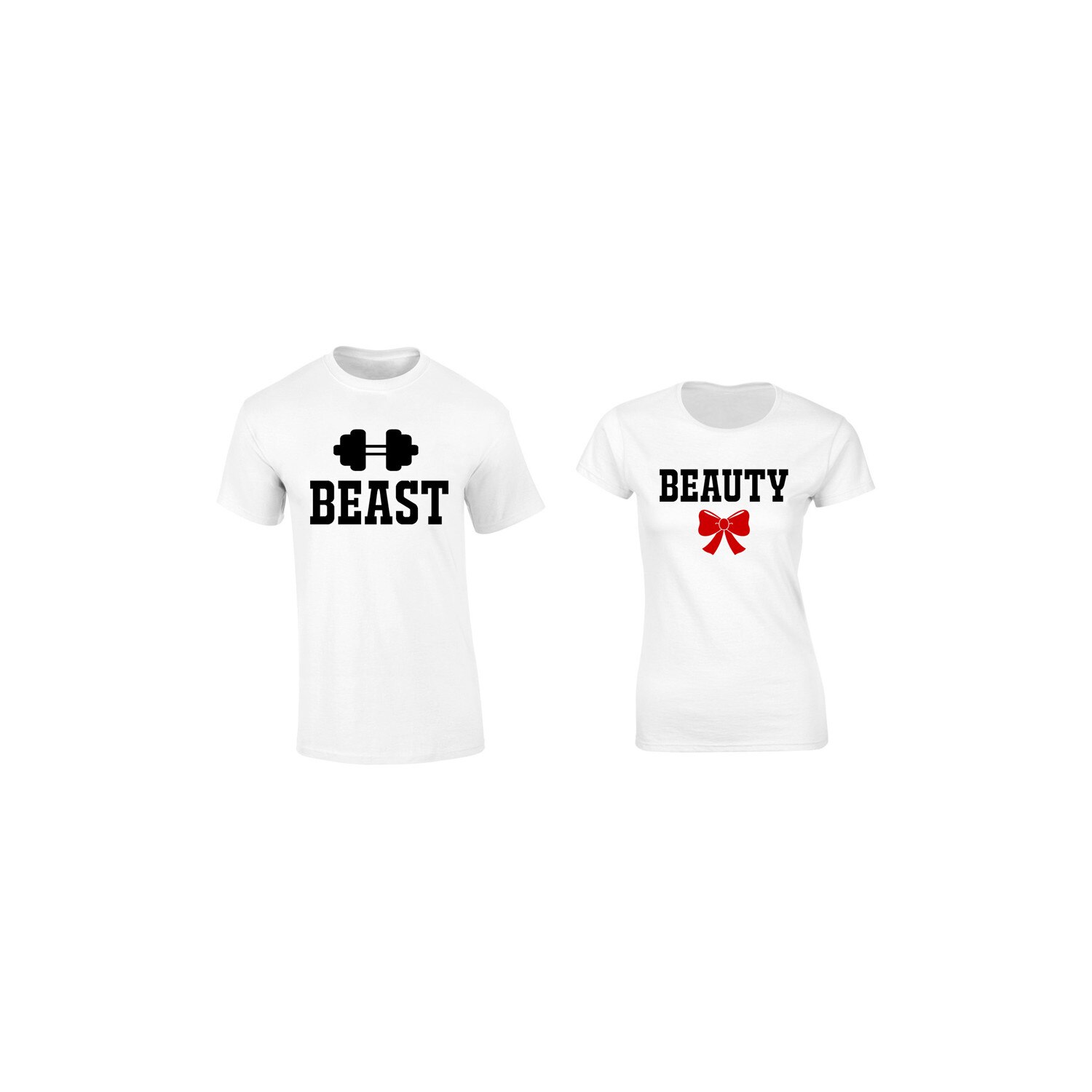 Set de 2 tricouri pentru cuplu albe Beast Beauty, marimea L