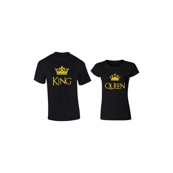 Set de 2 tricouri pentru cuplu negre King/Queen Gold, marimea L Set de 2 tricouri pentru cuplu negre King/Queen Gold, marimea L