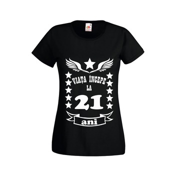 Tricou personalizat Fruit of the loom dama negru Viata incepe la 21 ani 2XL Tricou personalizat Fruit of the loom dama negru Viata incepe la 21 ani 2XL