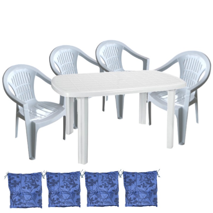 Set mobila gradina CULINARO KARTENA masa ovala 80x125 cm cu 4 scaune SILVI culoare alba,perne scaun