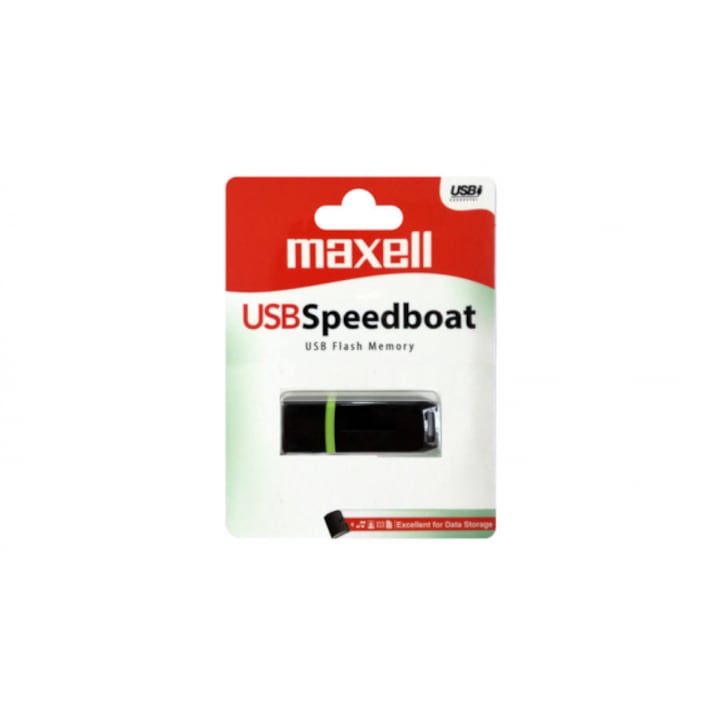 Memorie USB 2.0 Maxell 16Gb, Speedboat, cu capac, neagra cu verde