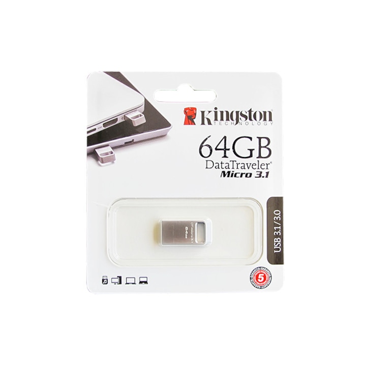 Memory stick USB 3.1 Gen 1 Kingston DataTraveler Micro DTMC3 64 GB metalic, fara capac